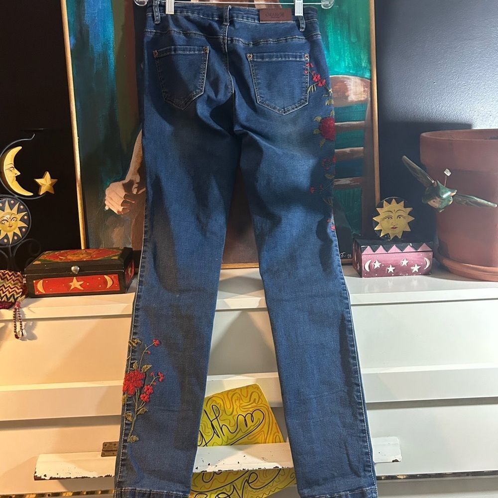Straight Leg Blue Jeans with Red Floral Embroidery - Picture 9 of 13